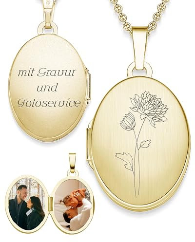 Medaillon Gold oval mit Geburtsblume Crysantheme Geburtsmonat November | Foto Amulett Anhänger antik vintage | personalisierte Halskette Damen