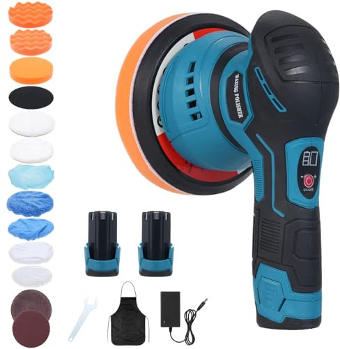Shkalacar Kabelloses Auto Polieren Polierset, 5 Zoll/6 Zoll Auto-Wachsgerät mit 2 wiederaufladbaren 12-V-Akkus, 8 Variable Geschwindigkeiten, 2800–5500 U/min, elektrische Poliermaschine zum Schleifen
