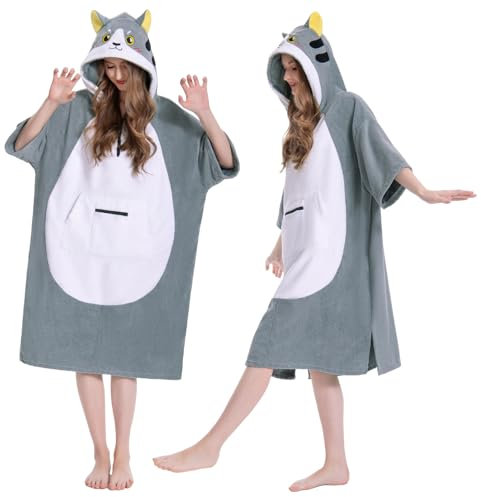 OLAOLA Mikrofaser Badeponcho, Handtuch Poncho für Erwachsene, Surf Poncho mit Kapuze und Tasche, Weiche Schnelltrocknende Handtuch als Umziehhilfe Strand Damen und Herren (Katze)