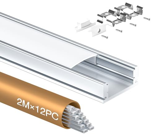 Shine Plus LED Profil U-Form 2m × 12 Stück, Schiene aus eloxiertem Aluminium, kanal für Streifen bis 12mm, diffusor für gleichmäßige Lichtverteilung(12×2 Meter)
