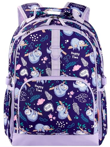 Choco Mocha Kinderrucksack Mädchen Rucksack Kinder Schulrucksack Schultasche Grundschulrucksack mit Brustgurt für 6-12 Jahre, 17inch Faultier Lila