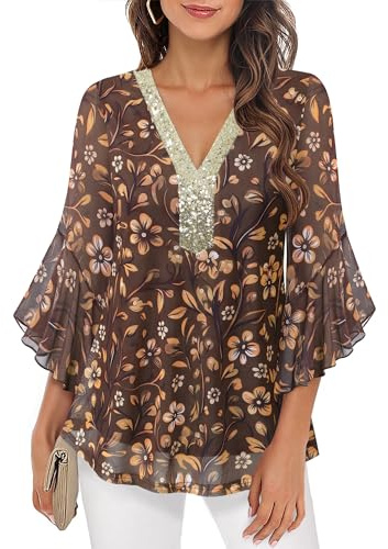 Bodhi talk Elegante Damen Bluse 3/4 Rüschenärmel Glitzer Tunika V-Ausschnitt Doppellagige Mesh Bluse Festliche Oberteile für Perfekte Alltags- und Party