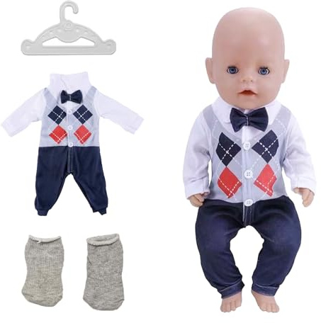 Baby Puppe Kleidung für 14-18 Zoll ,3 Stück Puppenkleidung 35-45cm Hemd-Set Anzug ,Gekleidete Latzhose + Paar graue Socken + weißer Kleiderbügel3-teiliges Hemd-Set