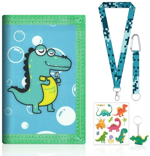 LbsAMP Geldbeutel Kinder Dinosaurier Trifold Niedlich Portemonnaie Brustbeutel für Jungen Mädchen Mitgebsel Geschenk Täglicher Gebrauch Brieftasche mit Umhängeband Aufkleber Schlüsselanhänger