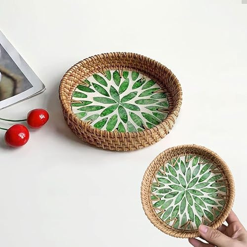 MSLSOZ Bandeja Ratán Hecha a Mano, Concha Motivo Hojas Decoración Hogar, Plato Mimbre Redondo, Bandeja Joyas & Cuenco Llaves – Regalo Mujeres (5,5 Pulgadas) (Verde)