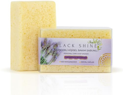 Black Shine Turkish Hammam Exfoliating Sponge-Infused Soap Bar (Pack of 4)– Loofah Body Scrubber for Shower – Gift-Ready Bathroom Essential,(Lavender)