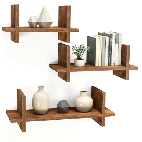 LUPATDY 3er Set Wandregal Holz,Aus Massivholz,Schwebendes Bücherregal im Industriedesign,Hängeregale für Bilder, Bücher & Deko,für Wohnzimmer,Schlafzimmer, Küche, Büro（Dunkel Gebrannt,26/32/40cm）