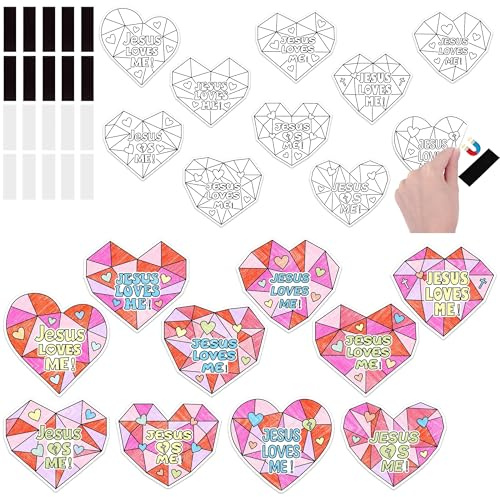 JAPBOR Christian Coloring Craft Kit - 30PCS Jesus Loves Me Color Your Own Magnet for Kids, Religious Valentines Day Heart DIY Fridge Magnetic Stickers for Classroom Draw Paint Activities Party
