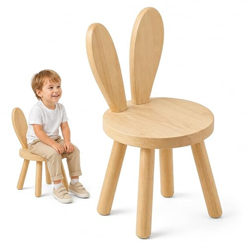 LANZLC Kinderstuhl Holz, Kinderstuhl ab 3 Jahr Massiv, Kinderzimmer Stuhl 45 x 26cm mit Hasenohren Rückenlehne, Kinderhocker für Essen, Lesen und Spielen
