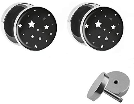 Treuheld® | Sterne - Ohrstecker zum Schrauben | Set/Paar | Schwarz/Weiß | Chirurgenstahl | 10mm Sternen-Himmel Fake Plugs für Damen und Kinder
