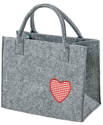 LaFiore24 Hochwertige Filztasche Handtasche Tragetasche Shopper Festival Dirndl Herz-Stickerei (hellgrau-rot)