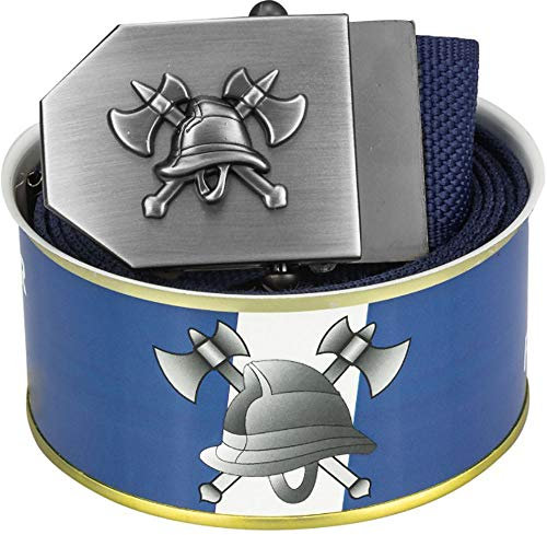 Feuerwehr-Gürtel mit Emblem Flaschenöffner in Gürtel-Schnalle | Feuerwehr-Edition blau Signet | universal verstellbar 150cm | Männer Herren Frauen Damen Kinder | Einsatz Koppel | Geschenk-Dose