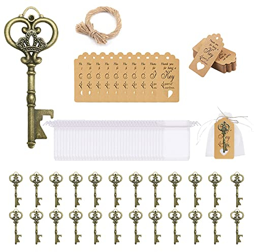 ASANMU Wedding Favours for Guests, Pack of 24 Vintage Key Bottle Openers + Organza Bag + Kraft Paper + Natural Jute for Baby Shower Party Guests Thank You Gifts Colleagues Beer Opener