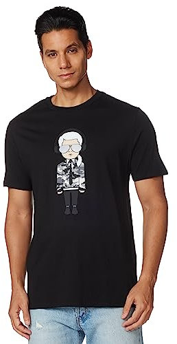 KARL LAGERFELD Herren Reflektierendes, Karl-Charakter mit Kopfhörern, kurzärmeliges Herrenhemd mit Rundhalsausschnitt T-Shirt, Schwarz, L