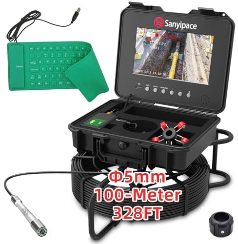 HD-Abflusskamera 10 mit Meterzähler und 512Hz-Sender, Professionelle Kanalinspektionskamera mit 5mm Kabel 100m, Selbstnivellierende Rohrkamera Kanalkamera mit Eingebautem Mikrofon und USB-Tastatur