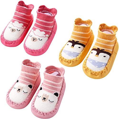 Adorel Chaussons Chaussettes Antidérapantes Coton Bébé Lot de 3 Rouge Rose Curcuma 18-24 Mois (Taille Fabricant 14)