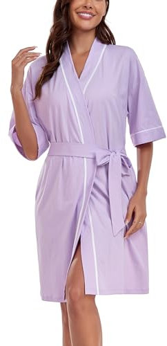 COLORFULLEAF Bademantel Damen Baumwolle Leicht Kurz Kurzarm Morgenmantel Sommer 3/4 Ärmeln Sauna Kimono Frauen Nachtwäsche(Violett,M)