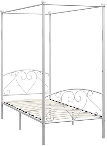 Homgoday Weißes Himmelbett aus Metall, 90 x 200 cm, Moskitonetz, Doppelbett, Bettrahmen, Bettrahmen aus Metall, Bett mit Latten für Wohnzimmer, Schlafzimmer