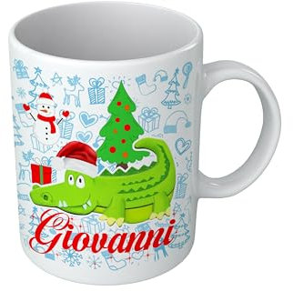 Puzzletee Tazza di Natale Coccodrillo Bambino con Nome Personalizzabile Albero Natale