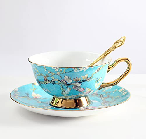 TVSKWMRQ Ceramic Coffee Tea Cup and Saucer Set Van Gogh Almond Blossom Pottery Coffee Mug and Saucer Set, Milk Juice Mug Plate Birthday Gift for Office and Home