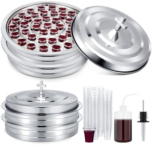 Zhehao Plateau de communion à 2 étages en acier inoxydable avec couvercle | Remplissage de tasse inclus, 100 gobelets jetables, finition argentée, service de communion à l'église, facile à remplir