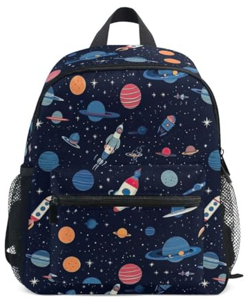 CHIFIGNO Kinder-Rucksack, niedlicher Schulrucksack, kleiner Reiserucksack für Mädchen, Jungen, Kindergarten, Grundschule, Cartoon Weltraum mit Planeten, Medium