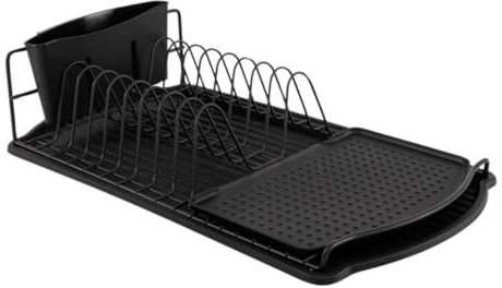 ROCKING GIFTS Escurreplatos de Metal y Bandeja de Plástico Negro, Escurridor de Platos Moderno Fácil de Limpiar, Accesorio de Cocina, 47x26x11cm