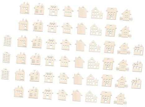 SEWACC 100 Stück Bemalte Haushackschnitzel leere hufeisenkünste Blockhausverzierung DIY Holzhaus Hausförmige Holzstücke Holzhaus DIY-Set Holzornamente Anhänger aus Holzscheiben