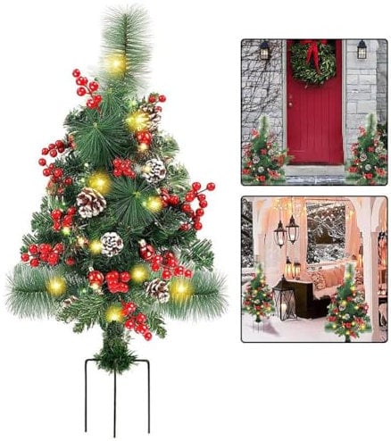 Holiday Planter, Outdoor Pathway Christmas Trees, Prelit Artificial Planter with 50 LED Lights, Red Berries and Pine Cones Ornaments, Battery Operated Holiday Front Porch Yard Decor, 23 Inch