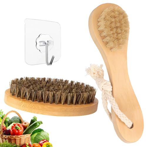 JAONLD Spazzola per Verdure 2 Pezzi Spazzola per Lavare i Piatti Spazzole da Cucina Spazzola Setole Naturali Maniglia Ergonomica per Pulire Verdure, Frutta E Utensili da Cucina