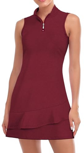 Viracy Tennis Dress for Women Sleeveless Golf Dresses with Shorts and Pockets Ruffle Zip Up Stand Collar Golf Outfits, Thickening-Dark Red, L
