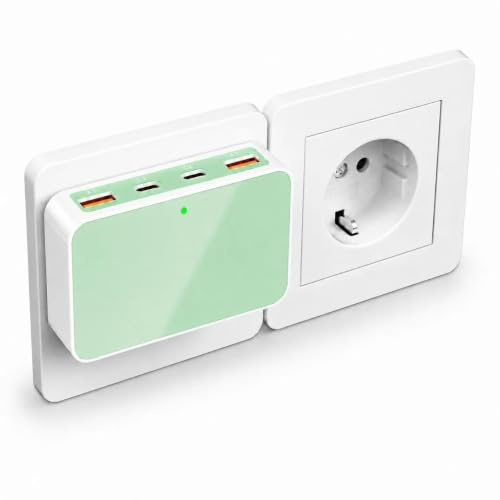 VPSUN Flach USB Ladegerät Schnellladegerät 4 Port,20WPD&15WQC EU Netzteil Stecker, Mehrfach-Ladegerät für iPhone, Samsung, iPad, Tablet & Geräte (Green, 35W)