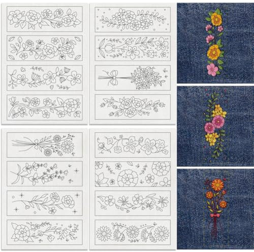 DOODLREAM 16 Stück Stickmuster Stabilisator Mit Blumenranken Lesezeichen 8.3X11.7 Lesezeichen Ecke Löslicher Stick Und Stitch Stickaufkleber 4 Blatt Blumenwasser Stickpapier Zum Nähen von Hand DIY