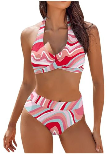 2025 Maillot De Bain Femme 2 Pieces Gainant Ventre Plat Ensemble De Bikini Taille Haute Maillots Deux PièCes Push Up Rembourré Maillot de Bain de Plage à Imprimé Hawaïen, Rose Vif, M