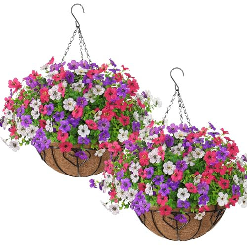 Weldomcor Home Decoration Silk Flower Plant DIY Chain Hanging Basket Flower Pot 3 Colors Artificial Violets Fake Flowers for Parlor Garden Wedding Patio Porch Deck Yard Decoration