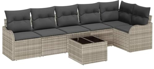 vidaXL Garten-Sofa-Set mit Kissen mit Speicher 7 pcs Grau Poly Rattan, Höhenverstellbare Füße, vielseitiges Garten- und Terrassen-Sofa, stabil, wetterfest, rechteckige Lounge.