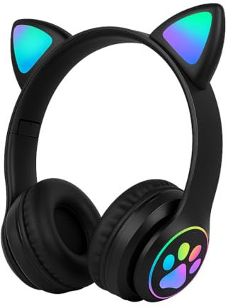 Black Cat Ear Wireless Bluetooth Headphones for Kids & Teens – LED Light Up Over-Ear Gaming Headset Adjustable Foldable School Travel Tablet Laptop Console Gift Ages 7-14