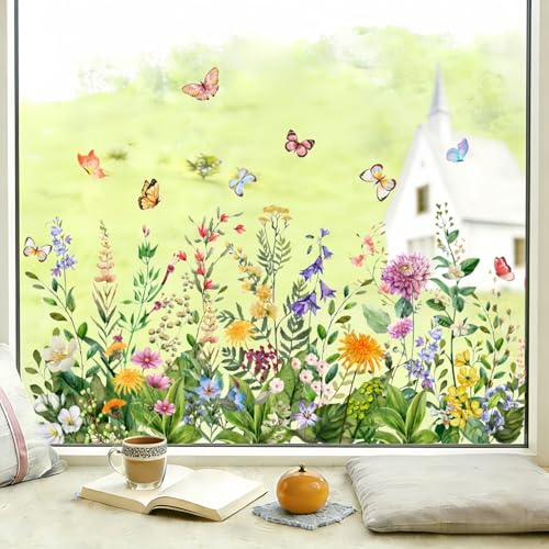 SLOTHBYTE Fensterbilder Frühling Deko, 3 Stücke Vogel Blumen Aufkleber Fenster Statisch Haftende, Fenstersticker Fensterfolie Wiederverwendbar - Blumig Fensterdeko für Frühling, Sommer
