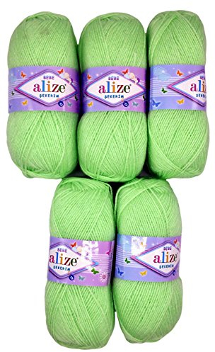 5 x 100g Strickwolle Alize Bebe einfarbig, 500 Gramm Wolle zum Stricken und Häkeln (lindgrün 188)