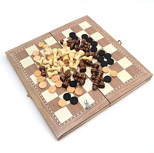 dsidols 3 in 1 Folding Wooden Chess Backgammon Draughts Checkers Board Game Set Family Games 30CM
