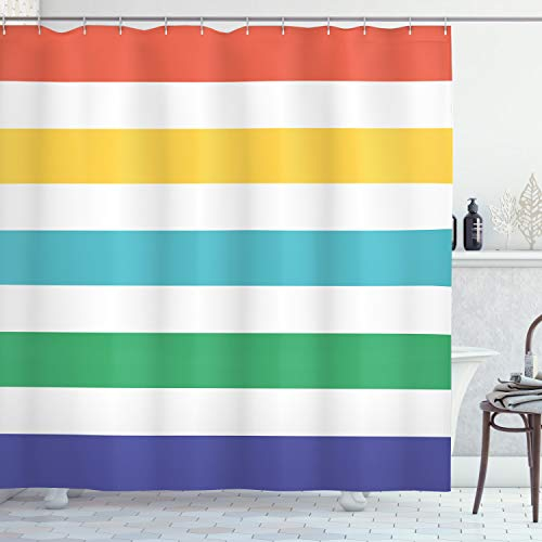 ABAKUHAUS Gestreift Duschvorhang, Regenbogen-Kinder-Muster, Stoffliches Gewebe Badezimmerdekorationsset mit Haken, 175 x 200 cm, Bernstein Aqua