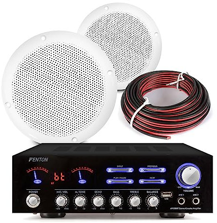 VONYX Waterproof Ceiling Speakers Bluetooth Amplifier System - 6.5 Inch White Outdoor Marine Home Audio Kit with HiFi Stereo Amplifier & Installation Cable