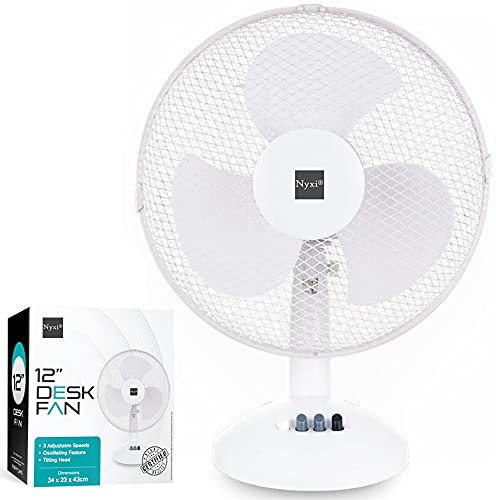 Nyxi 12 Inch Fan, 3 Speed Settings, Oscillating & Tilting Head, Quiet Motor, Portable Cooling Fan for Office & Home, Bedroom, White – Easy to Store, Stable Base, Energy Efficient