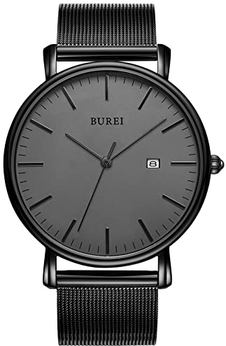 BUREI Herren Uhren Ultra Dünne Schwarze Minimalistische Quartz mit Datumsanzeige (schwarz)