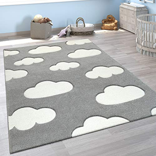 Paco Home Kinderzimmer Teppich Grau Weiß Pastellfarben Wolken Motiv Kurzflor 3-D Design, Grösse:120x170 cm