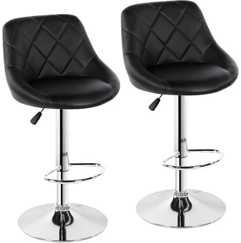Bar Stools Set of 2, Height Adjustable Leather Breakfast Bar Chairs, Black | Upholstery, 360° Swivel, Barstools w/Backrest and Metal Footrest, for Home Kitchen, Dining, Restaurant