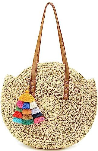 Straw Bag, Summer Beach Straw Bag For Women, Straw Purse, Round Large Woven Tote Handbags, Bbeige, XL
