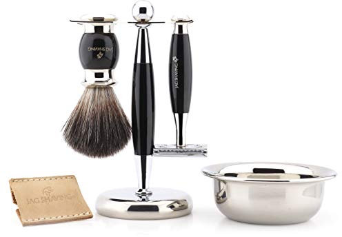 Jag Shaving Klassisches Herren-Rasierset mit doppelseitigem Rasierhobel, Rasierpinsel, Rasierpinsel, Ständer, Schüssel und Lederetui für Rasierhobel