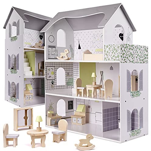 ikonka Puppenhaus | Holzpuppenhaus MDF und Möbel Puppenstube | Modernes und sicheres Puppenhaus für langes kreatives Spiel, Groß, Ästhetisch, attraktives Zubehör, solide Herstellung