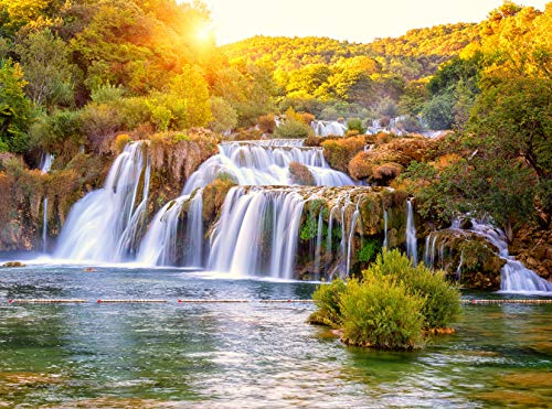 WASSERFALL Fototapete VLIES-350x260 cm (804A)-Natur Bäume Sonnenuntergang Dschungel Wald Wandtapete-Inkl. Kleister-Vliestapete Bild Dekoration Wand-Dekor Moderne Motiv-Tapete Panorama Poster XXL